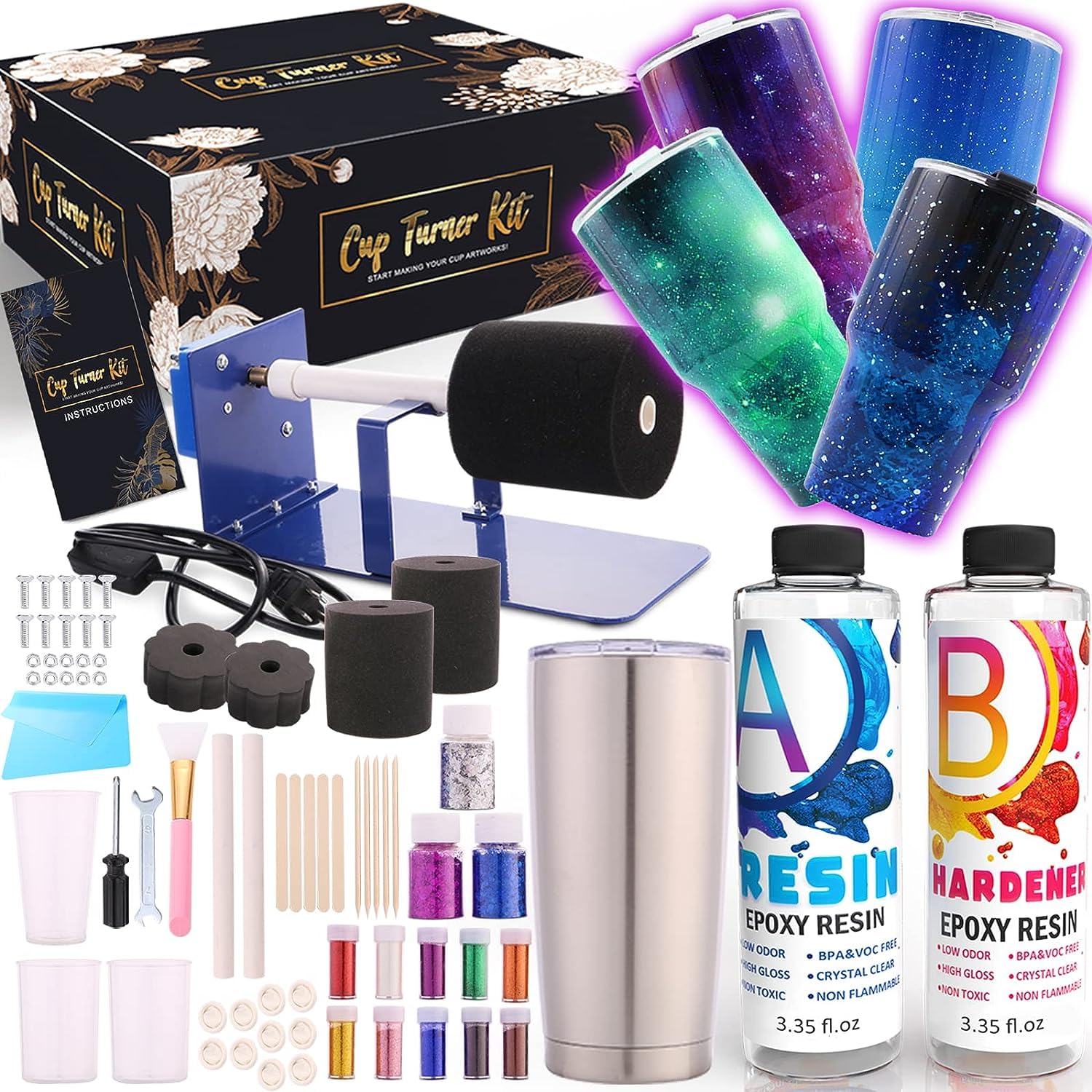 Photo 1 of Alloytop Cup Turner Kit with Epoxy Resin kit for Beginner - Stainless Steel Turners Tumblers Machine Tool Art DIY Supplies Glitters Silicone Pads Brush Spinner Clear Foams Plastic Cups Wooden Sticks