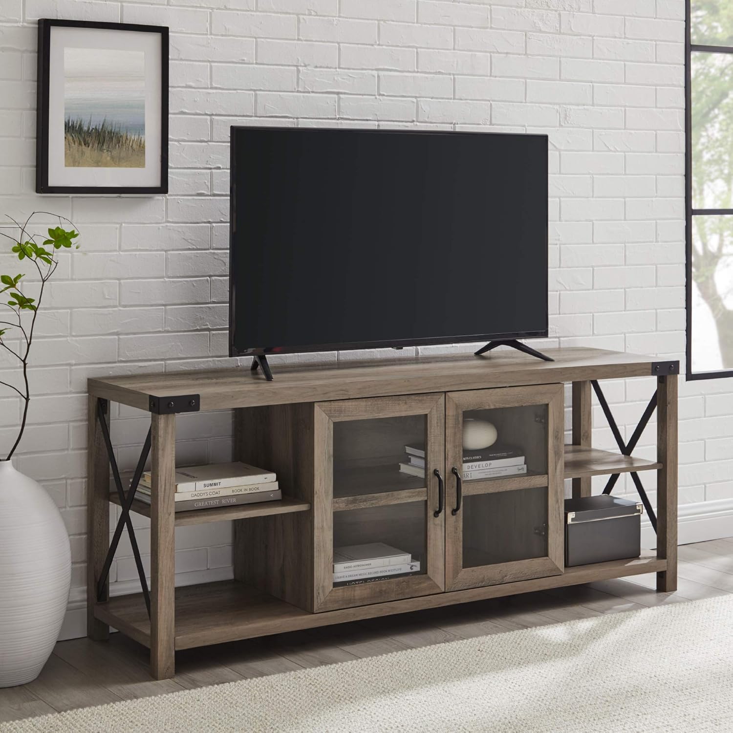 Walker Edison Modern Farmhouse Metal X Wood Stand Storage Cabinet for TV's up to 64" Living Room (60 Inch) - Gray Wash: Furniture & Decor
