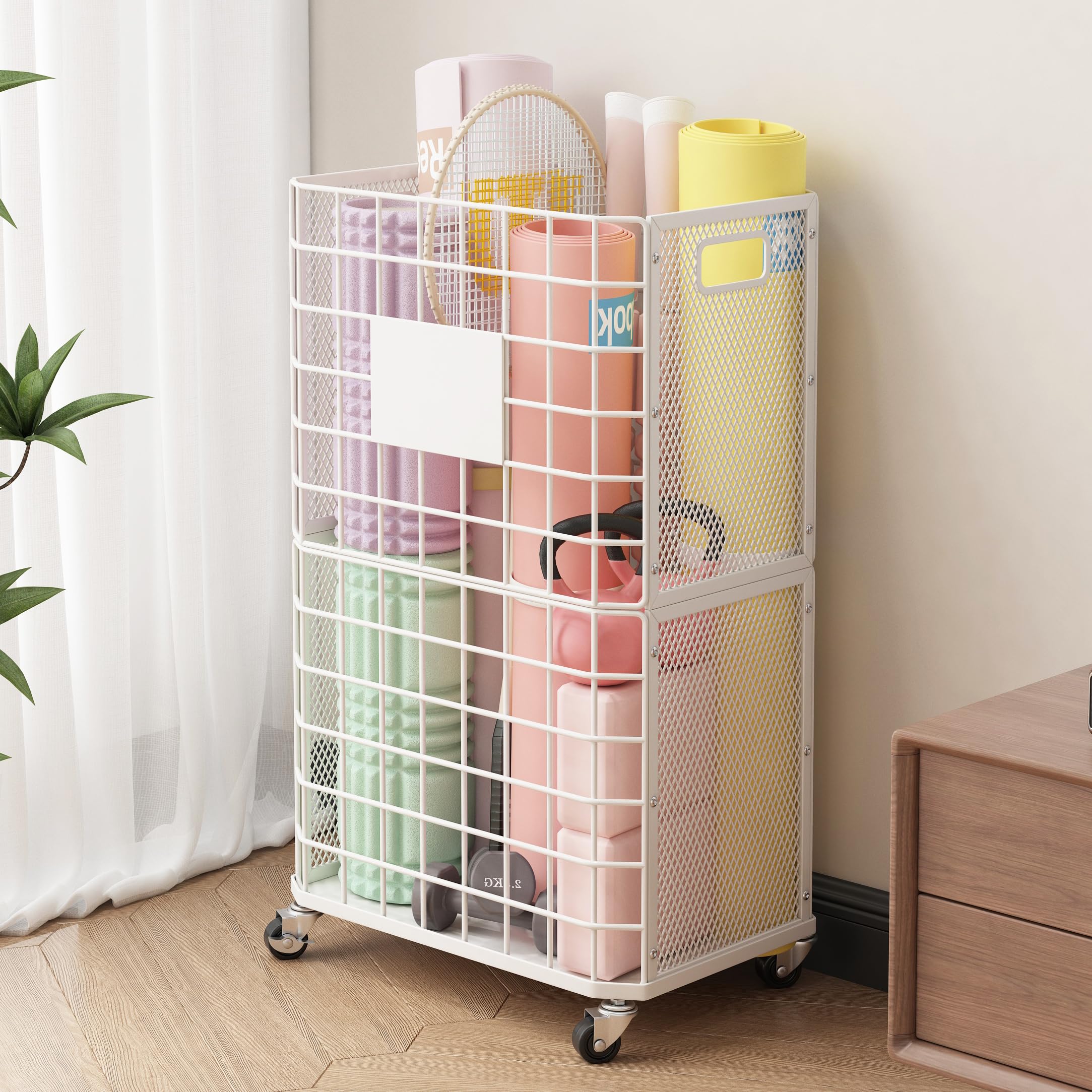 Photo 1 of UMDONX Yoga Mat Storage Rack with Wheels – Metal Rolling Organizer Basket with Handles, Breathable Mesh Steel Rack for Yoga Mats, Towels, Blankets, White