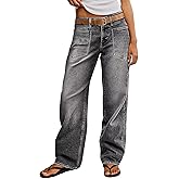 Flamingals Straight Leg Jeans for Women Trendy Mid Rise Stretchy Patch Pocket Baggy Jeans Casual Without Belt