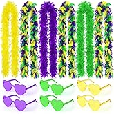 BOARDFEB Mardi Gras Feather Boas Set of 6 with 6 Colorful Sunglasses, 12 Pcs Purple Green Gold Party Costume Accessories Mardi Gras Party Decorations