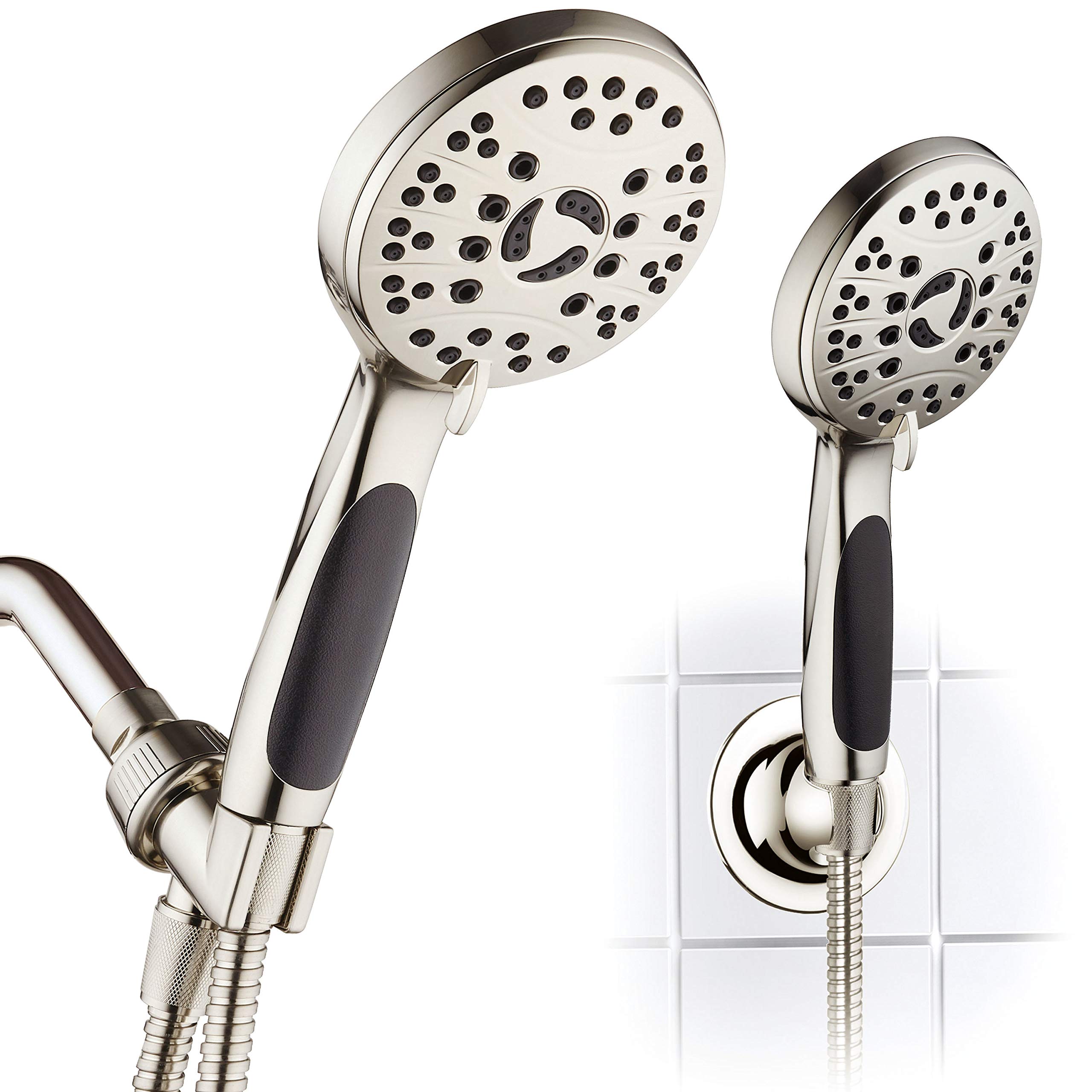 AquaSpa High Pressure 6-Setting Luxury Handheld Shower Head – 6 Foot Stainless Steel Hose – All Brushed Nickel Finish – Includes Extra Wall Bracket