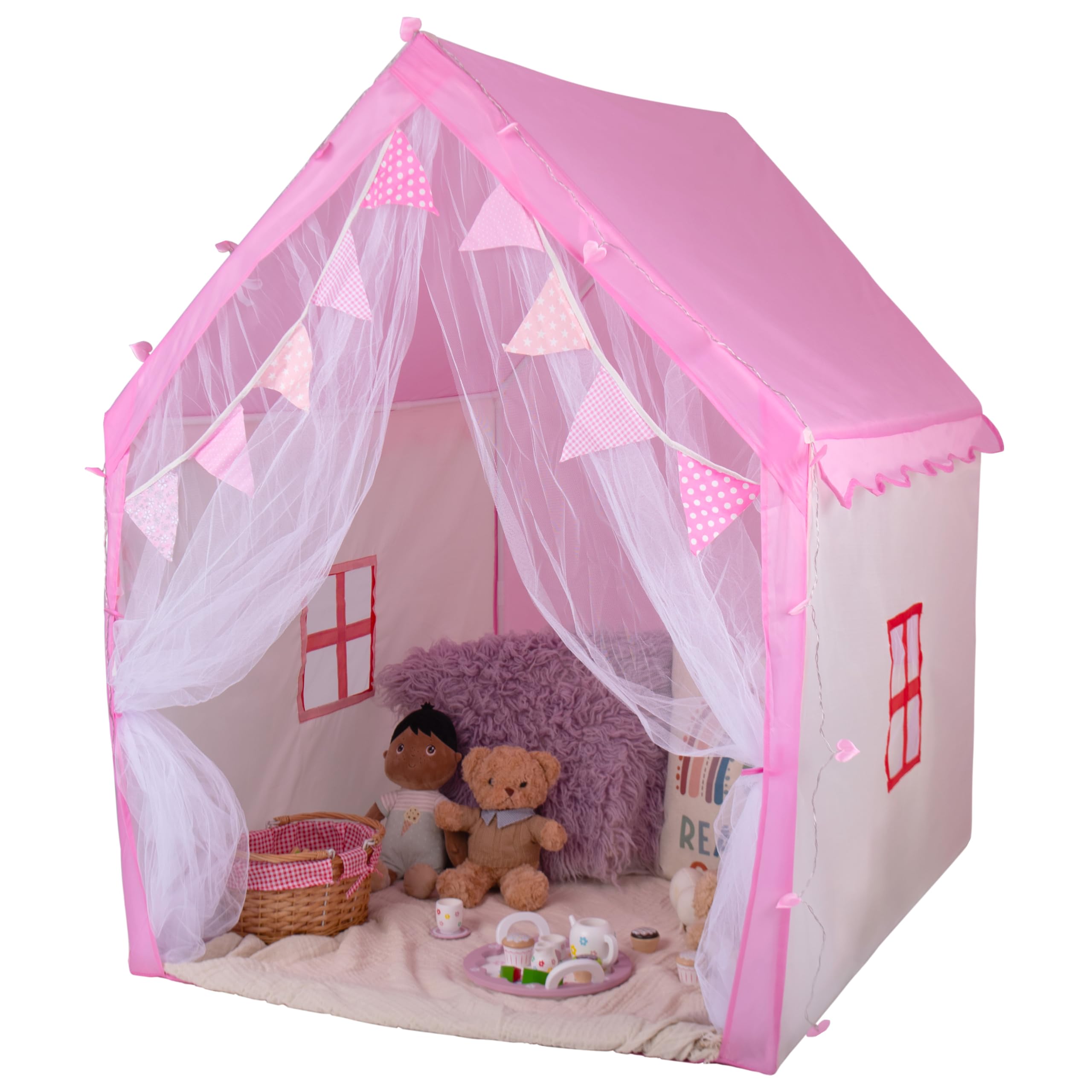 RELSY Princess Pink Tent - Cosy Cream Kids Playhouse With Heart LED Lights & Bunting - 125 x 130 cm