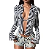 winkbay Women's Striped Open Front Shirts Y2k Bell Long Sleeve Collared Blouses Going Out Tops