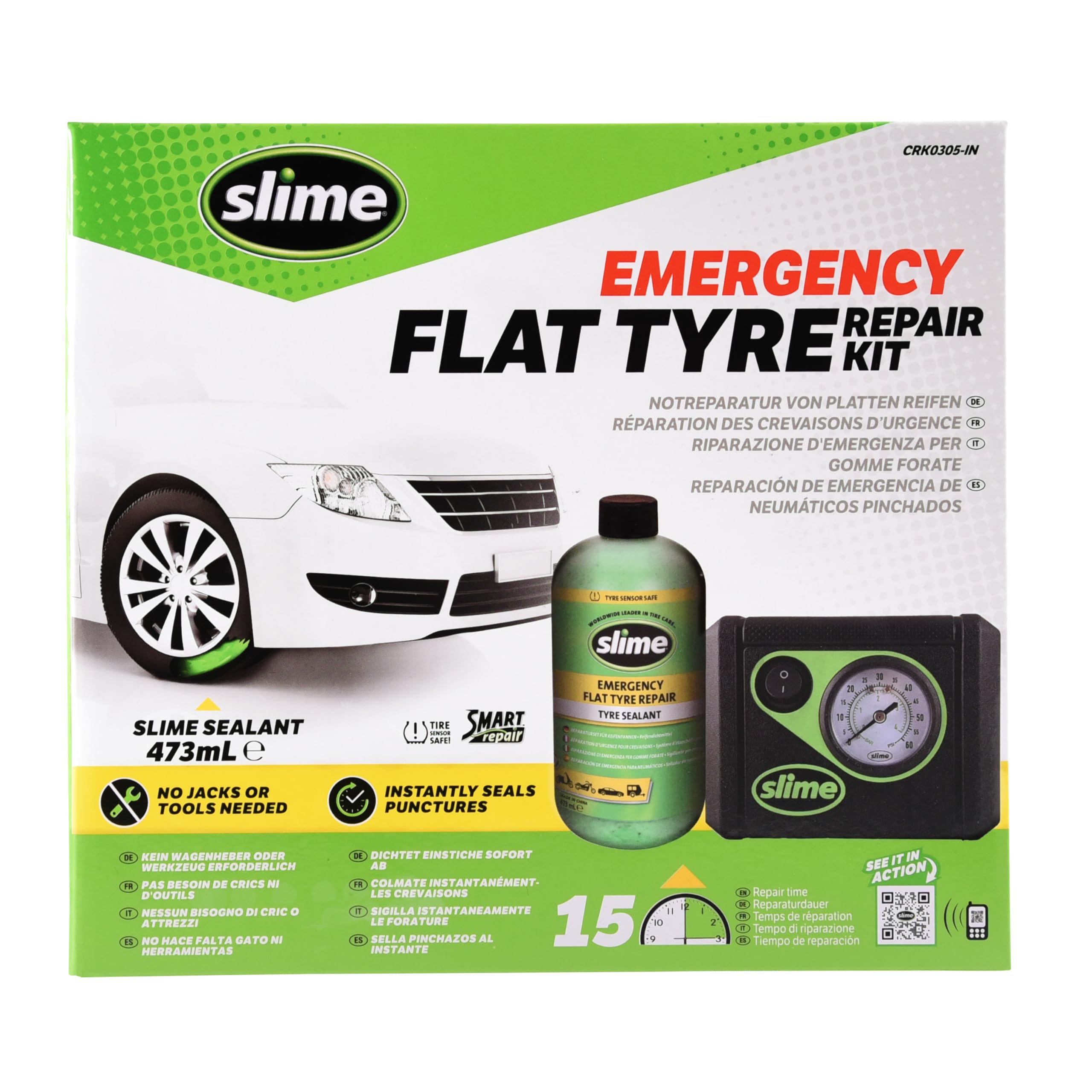 Slime CRK0305-IN Flat Tyre Puncture Repair, Smart Repair, Emergency Kit for car tyres, includes sealant and Tyre Inflator Pump, suitable for cars and other highway vehicles, 15 min fix