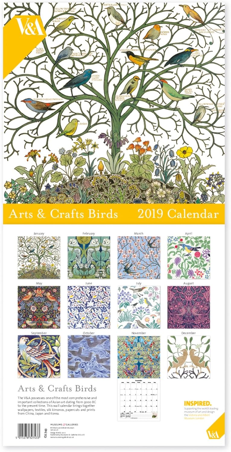 The V & A Museums & Galleries Arts & Crafts Birds Large 12 Month 2019 Wall Hanging Calendar for Home, Office, School