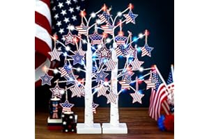Yousoontic 2 Set 4th of July Decorations 24 Inch Independence Day Patriotic Tree with Red White Blue Star Lights Tabletop Lit Tree with 24 Pcs Wood Hanging Ornament for Home Decor Memorial Day