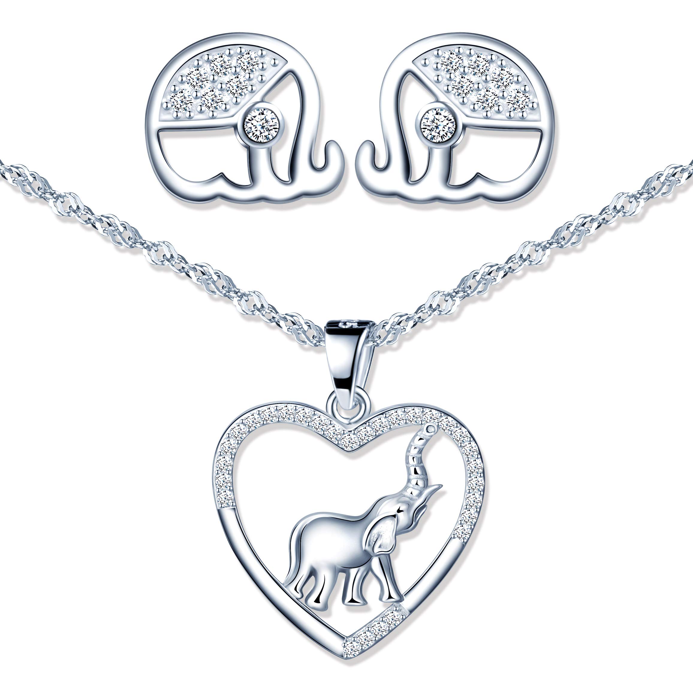 Yumilok Elephant Jewelry Set 925 Sterling SIlver Stud Earrings Pendant Necklace Jewellery Set