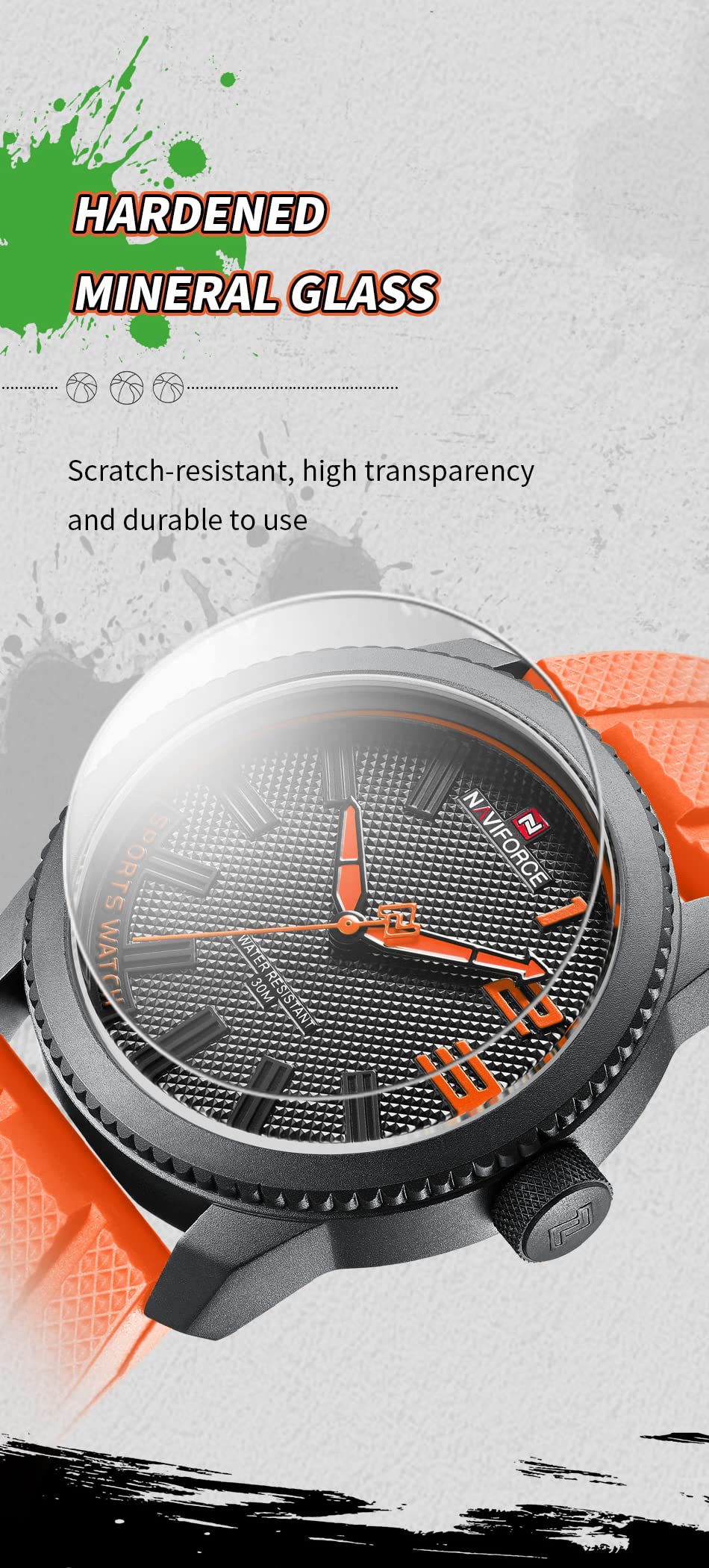 NANVIFORCE Fashion Watch with Silicone Strap Top Brand Luxury Men Watches Sport Waterproof Quartz Watches for Men, Orange, English