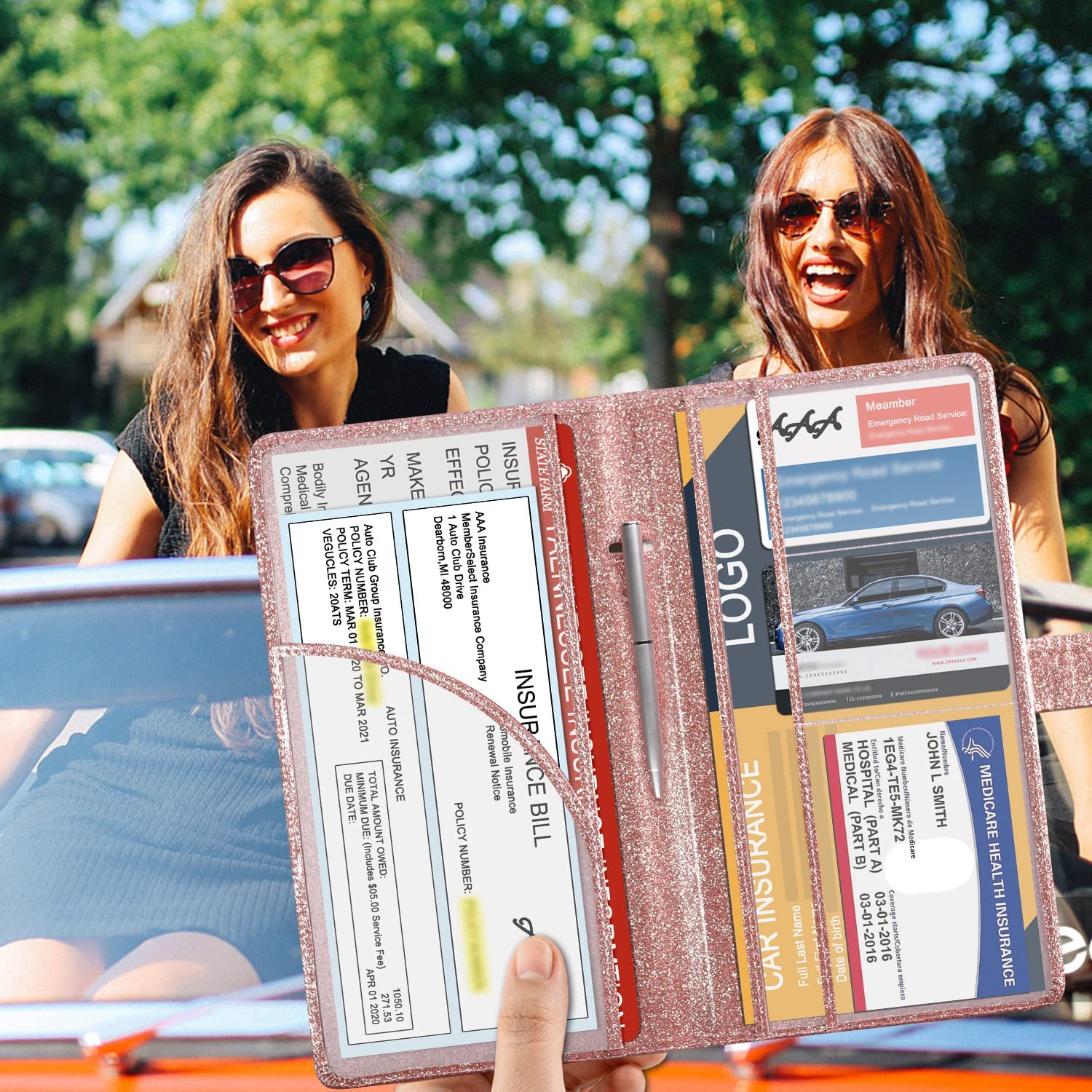 DMLuna Car Registration and Insurance Holder, Leather Vehicle Card Document Glove Box Organizer, Auto Truck Compartment Accessories for Essential Information, Driver License Cards, Glitter Rose