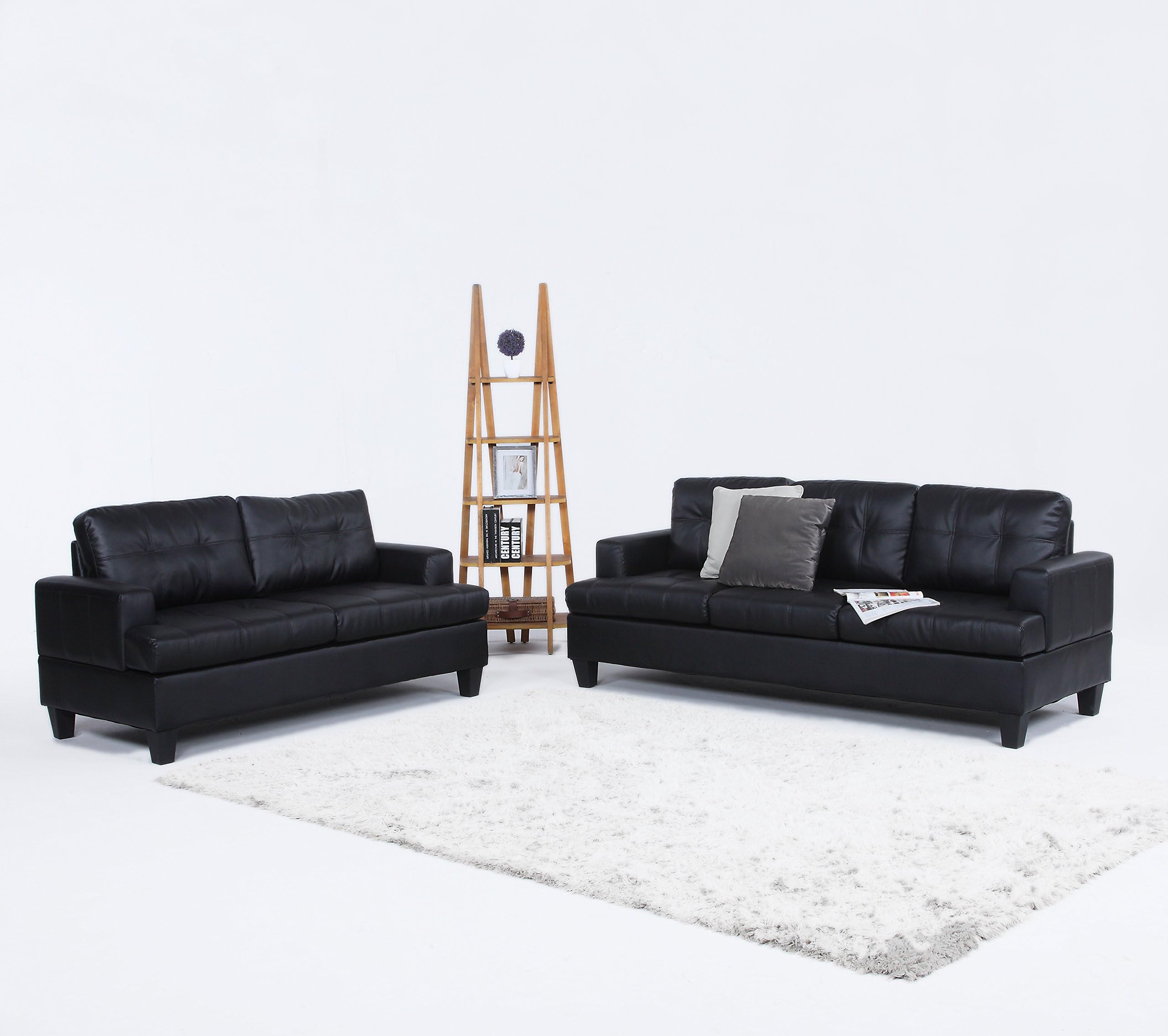 2 Piece Modern Black Bonded Leather Sofa and Love Seat Set