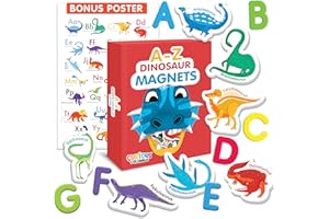 Curious Columbus Dinosaur Toddler Magnets for Refrigerator - Set Includes 52 Kids Fridge Magnets - 26 Magnetic Letters from A-Z and 26 Magnetic Dinosaur Pictures. Includes a Large Paper Dino Poster