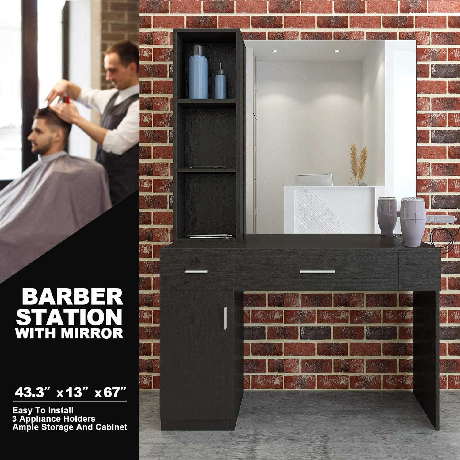 Artist Hand Wall Mount Salon Station Barber Stations Styling Station Barber Beauty Spa Salon Equipment Set with Mirror,Left Shelf (Black): Beauty