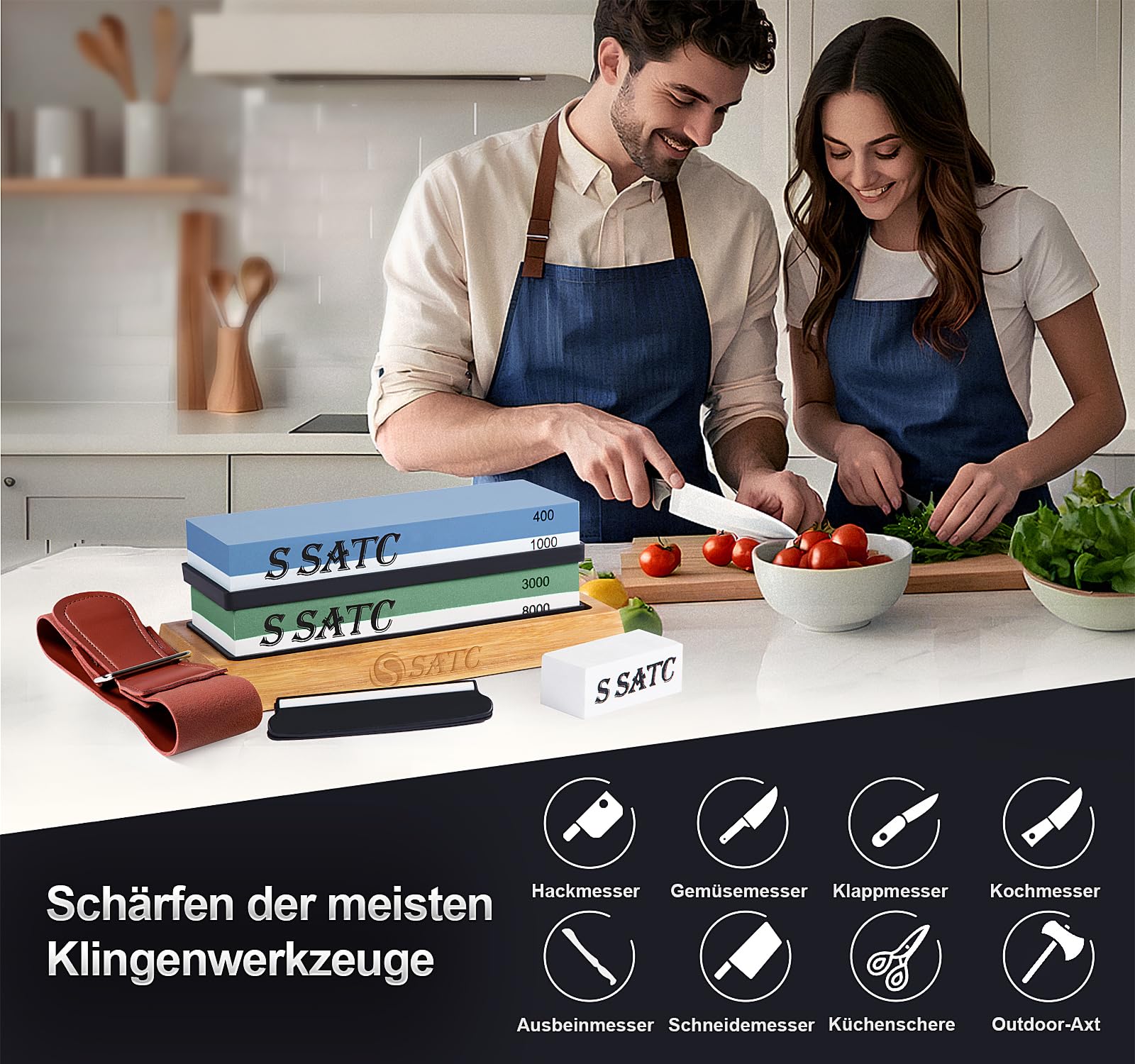 S SATC Premium Schleifstein Messer 400/1000/3000/8000 Körnung – Präzises Schärfen für Küchenmesser – Messerschleifstein Set 5
