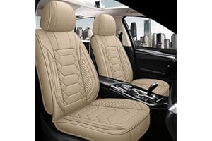HAIYAOTIMES Leather Car Seat Covers Front Set, Waterproof Faux Leather Seat Covers for Cars, Non-Slip Car Interior Covers Universal Fit for Most Cars Sedans Trucks SUVs, Beige