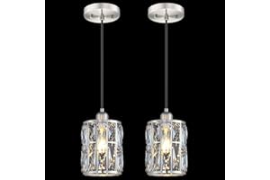 DORAIMY LIGHTING 2 Pack 1 Light 5.3" Crystal Hanging Kitchen Island Pendant Light Brushed Nickel Finish,Concise Pendant Fixture Crystal Plate Metal Shade for Bar,Dining Room,Living Room Over Sink