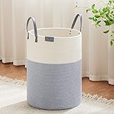 VIPOSCO Tall Laundry Basket, Large Dirty Clothes Hamper with Leather Handle, Woven Rope Storage Basket for Blanket, Toy In Living Room, Bathroom, Bedroom - 58L Grey & White
