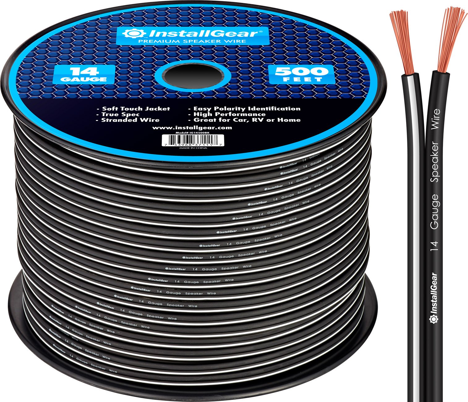 InstallGear 14 Gauge AWG Speaker Wire True Spec ans Soft Touch Cable Wire (500ft White/Black) - Car Speakers, Stereos, Home Theater Speakers, Surround Sound, Radio - 14 Gauge Black Speaker Wire Image
