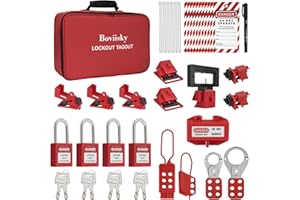 BOVIISKY Lockout Tagout Kit Electrical Loto- Hasps, Clamp on and Universal Multipole Circuit Breaker Lockouts，4 Loto Safety Padlocks, Tags, Nylon Ties with Pocket Bag, Keyed Different, 7131R
