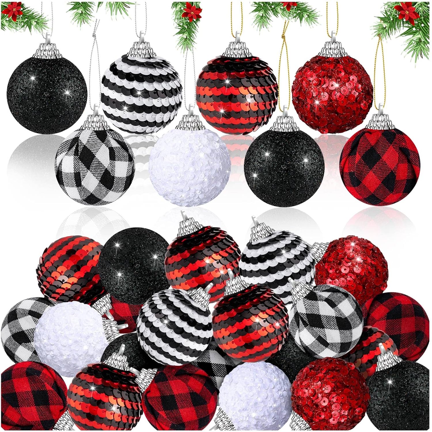 Ornaments - 48Pcs Christmas Balls Ornaments, 50mm/2in Christmas Tree Hanging Ornaments, Glitter Rustic Red White Black Ball Christmas Fabric Shatterproof Ball with Hanging Rope for Christmas Ornaments