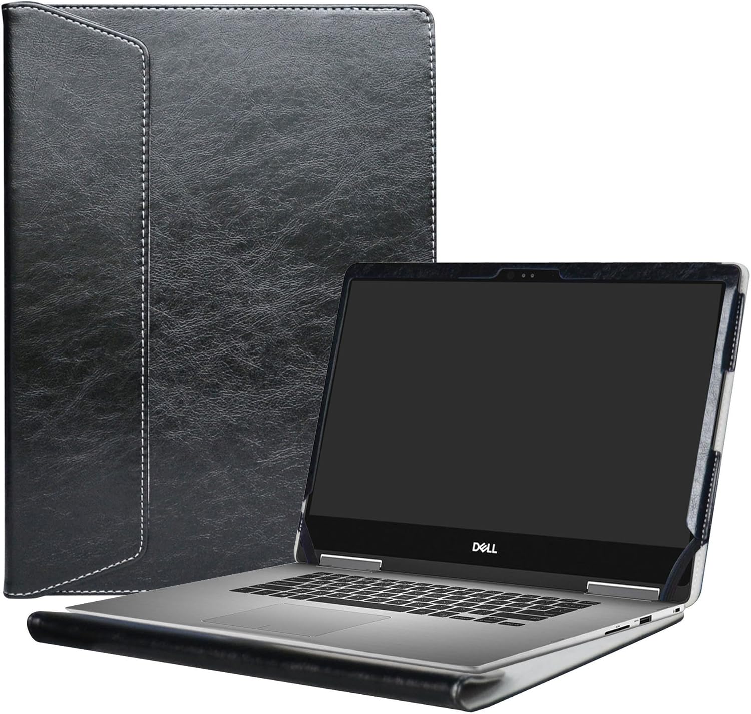 Custodia In Pelle PU Per Dell Inspiron 13 2-in-1 7386 - Nero - Protezione Con Cuciture A Mano