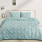 Amazon Basics 3-Piece Soft, Lightweight All-Season Down-Alternative Comforter Bedding Set, Pinch Pleat Design with Piped Edges, Full/Queen, Spa Blue