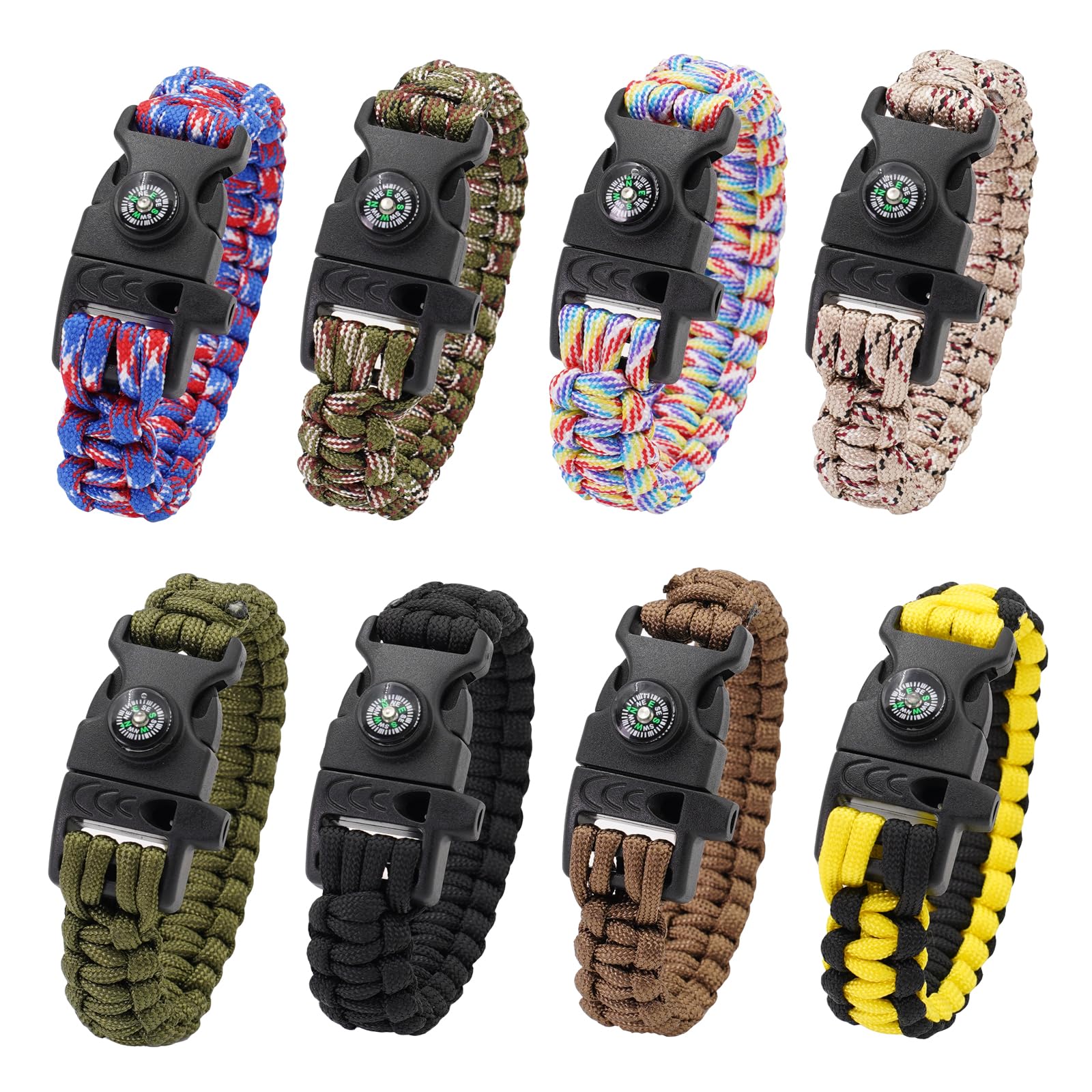 8 Pack 3in1 Emergency Survival Bracelet with Whistle and Compass,Survival Kit,Wild Camping Equipment Kit,Wildness Emergency Survival Kit for Camping,Outdoor Travel, Hiking, Emergency Survival Or First