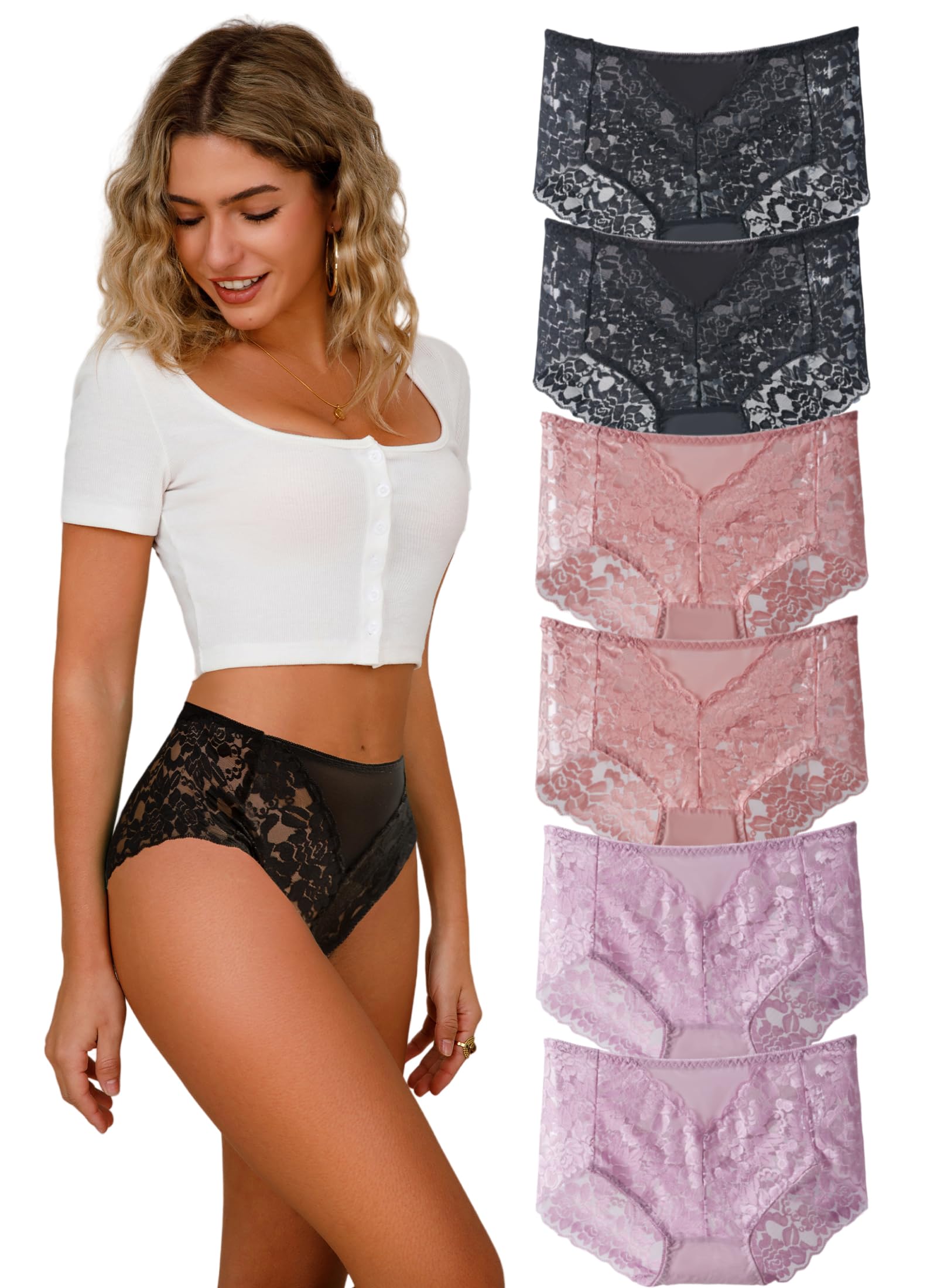 Photo 1 of Cinvik High Waisted Sexy Panties for Women Invisble Plus Size Floral Lace Cheeky Underwear Curvy Ladies Seamless Briefs Panties Pack 2XL