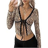 SHENHE Women's Sexy Leopard Lace Open Front Crop Top Tie Front Slim Fitted Long Sleeve T Shirt