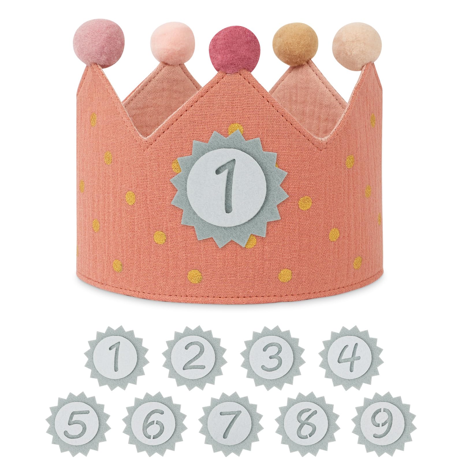 URAQT Birthday Crown for Kids, Reusable Dot Birthday Party Hat Crown with Interchangeable Number from 1 to 9, Baby Photo Props, Birthday Party Tiara Headbands Gifts for Boys Girls, Pink