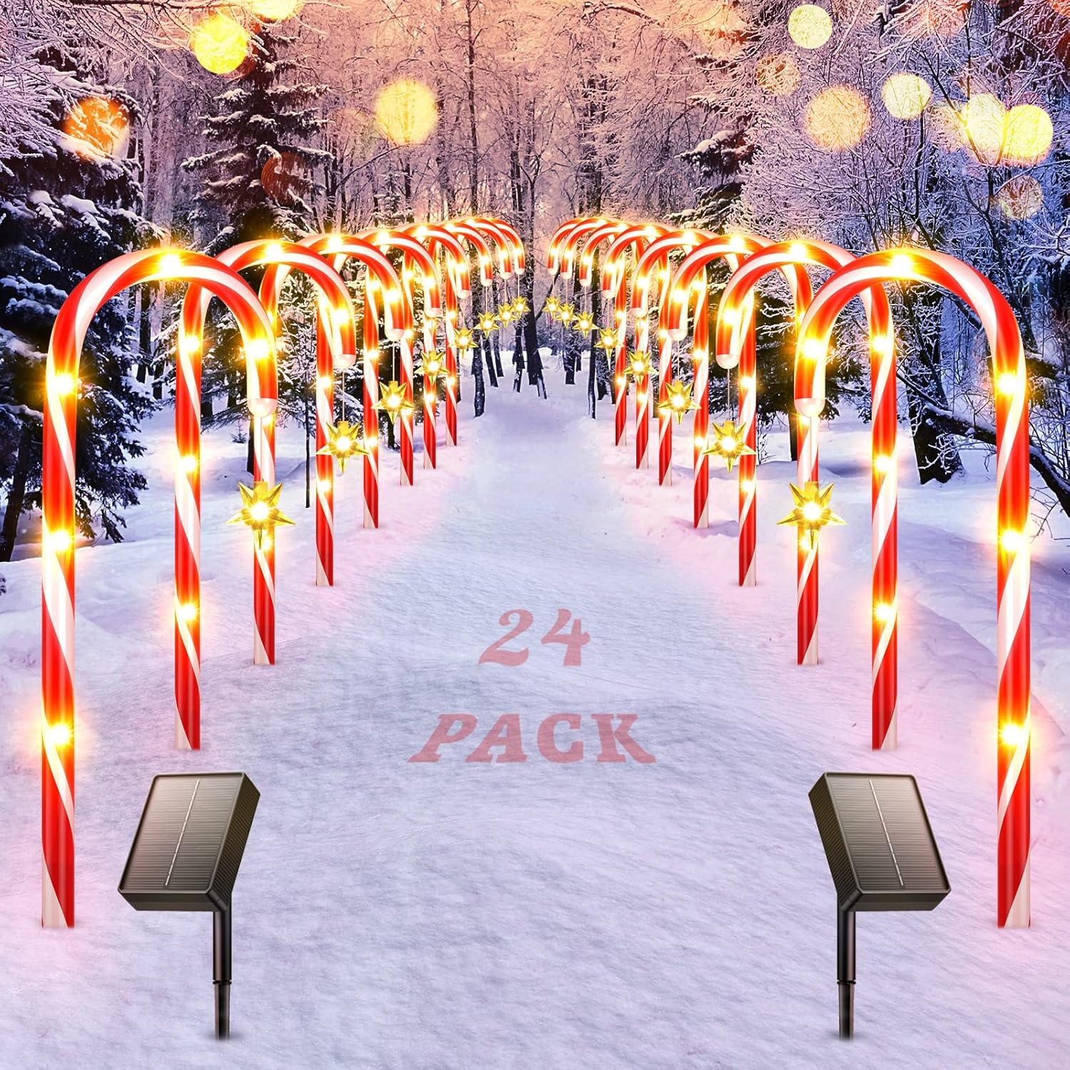 Lighting - PUAIDA 24Pack Outside Christmas Decorations Solar Candy Cane Lights, Brighter 144LED Solar Christmas Pathway Lights Outdoor Waterproof,8 Modes Outdoor Christmas Decorations for Outside Xmas Holiday