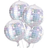 4 Pcs Iridescent Disco Ball Balloons, Huge Glitter Silver Disco Aluminum Foil Balloons for Birthday, Bachelorette Party, 70s 80s 90s Theme Disco Music Party Decorations Supplies