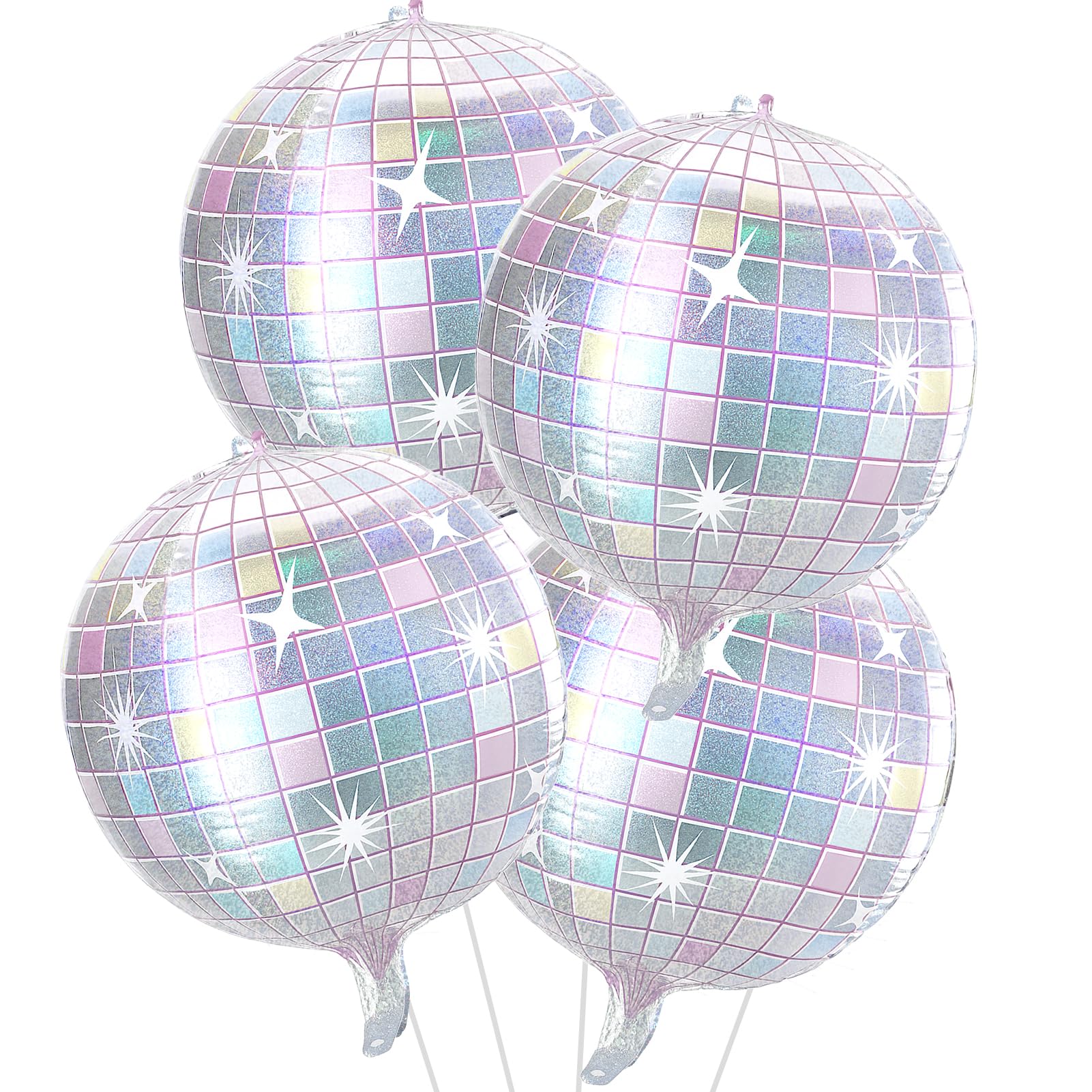 4 Pcs Iridescent Disco Ball Balloons, Huge Glitter Silver Disco Aluminum Foil Balloons for Birthday, Bachelorette Party, 70s 80s 90s Theme Disco Music Party Decorations Supplies