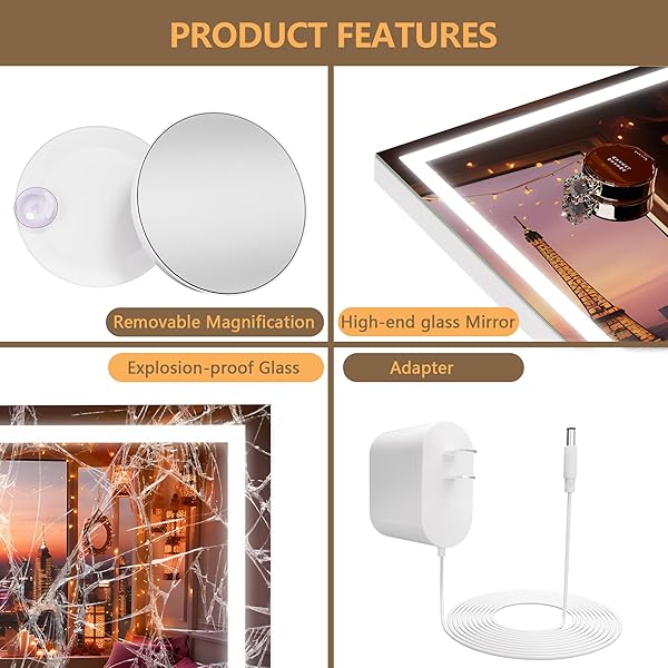 HASIPU VANITY MIRROR WITH LIGHTS, 28″ X 20″ LED MAKEUP MIRROR, LIGHTED MAKEUP MIRROR WITH DIMMABLE 3 MODES, TOUCH SCREEN CONTROL VANITY MIRROR SQUARE WHITE