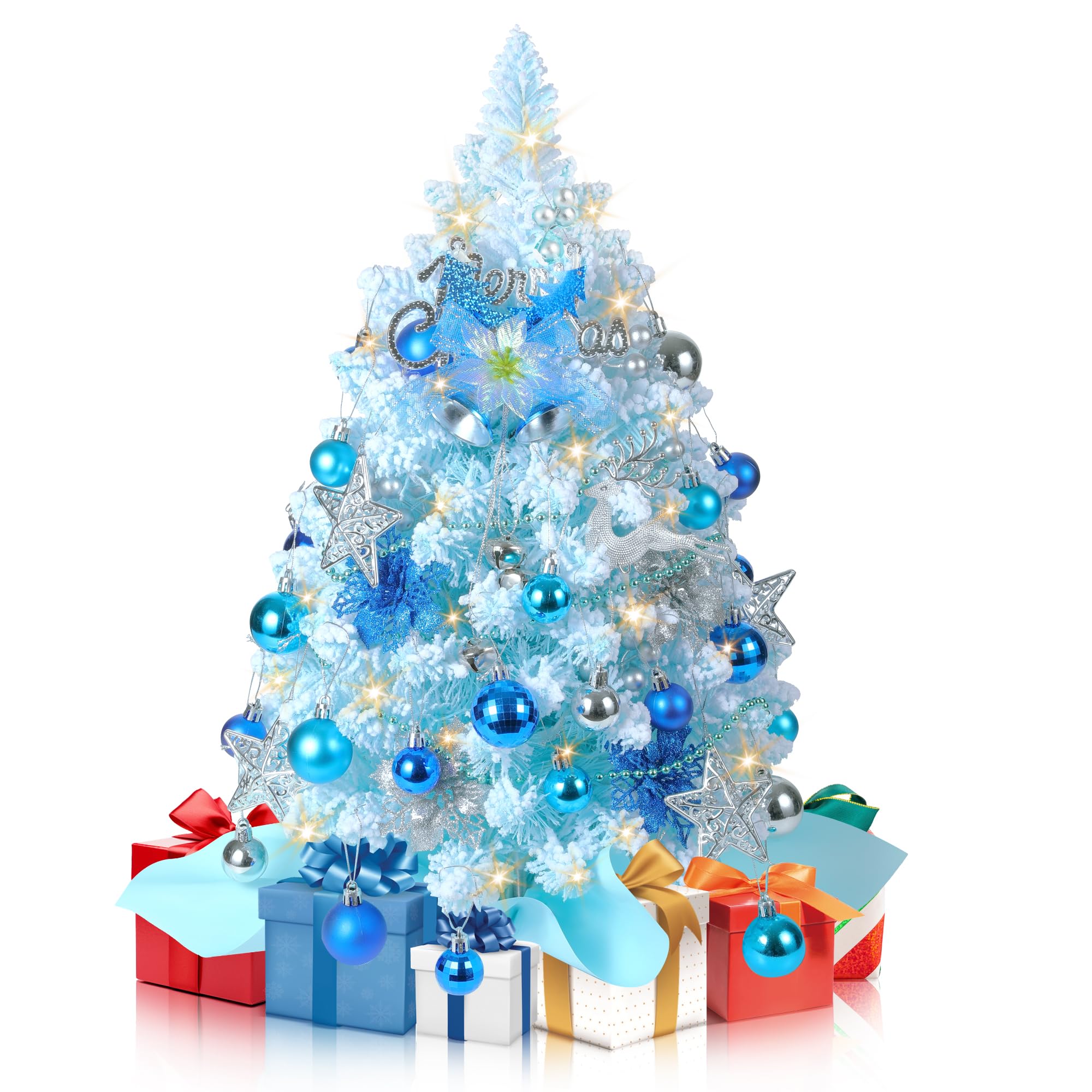 Photo 1 of 2FT Mini Christmas Tree, Snow Flocked Blue Christmas Trees, 100 Lifelike Branches, 60 LED Lights, 47 Ornaments, 24 Inches Tabletop Artificial Prelit Small Christmas Tree for Holiday Indoor DIY Decor