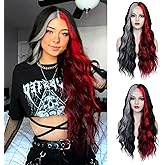 WECAN Black Red Gray Wig 28 Inches Long Black Red Wavy Wigs For Women Synthetic Hair Replacement Wigs Halloween Cosplay Daily Party Heat-Resistant Fiber Wig