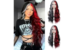 WECAN Black Red Gray Wig 28 Inches Long Black Red Wavy Wigs For Women Synthetic Hair Replacement Wigs Halloween Cosplay Daily Party Heat-Resistant Fiber Wig （black/red/gray）