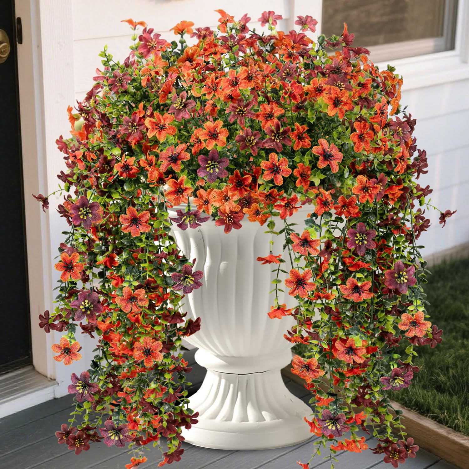 Photo 1 of Mutcolor 4 Pcs Artificial Fall Flowers for Outdoors, Fall Hanging Plants Silk Faux Mums UV Resistant for Planters Pots Garden Outside Front Porch Patio Basket Home Autumn Decor (Orange Brown)