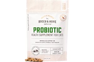 ROCCO & ROXIE SUPPLY CO. Rocco & Roxie Cat Probiotics, Health Supplement for Cats, Prebiotic & Postbiotic for Digestive + Gut Support, Constipation Relief, Anti Diarrhea, Supplements & Vitamins, Chicken Flavored Crunchy Chews