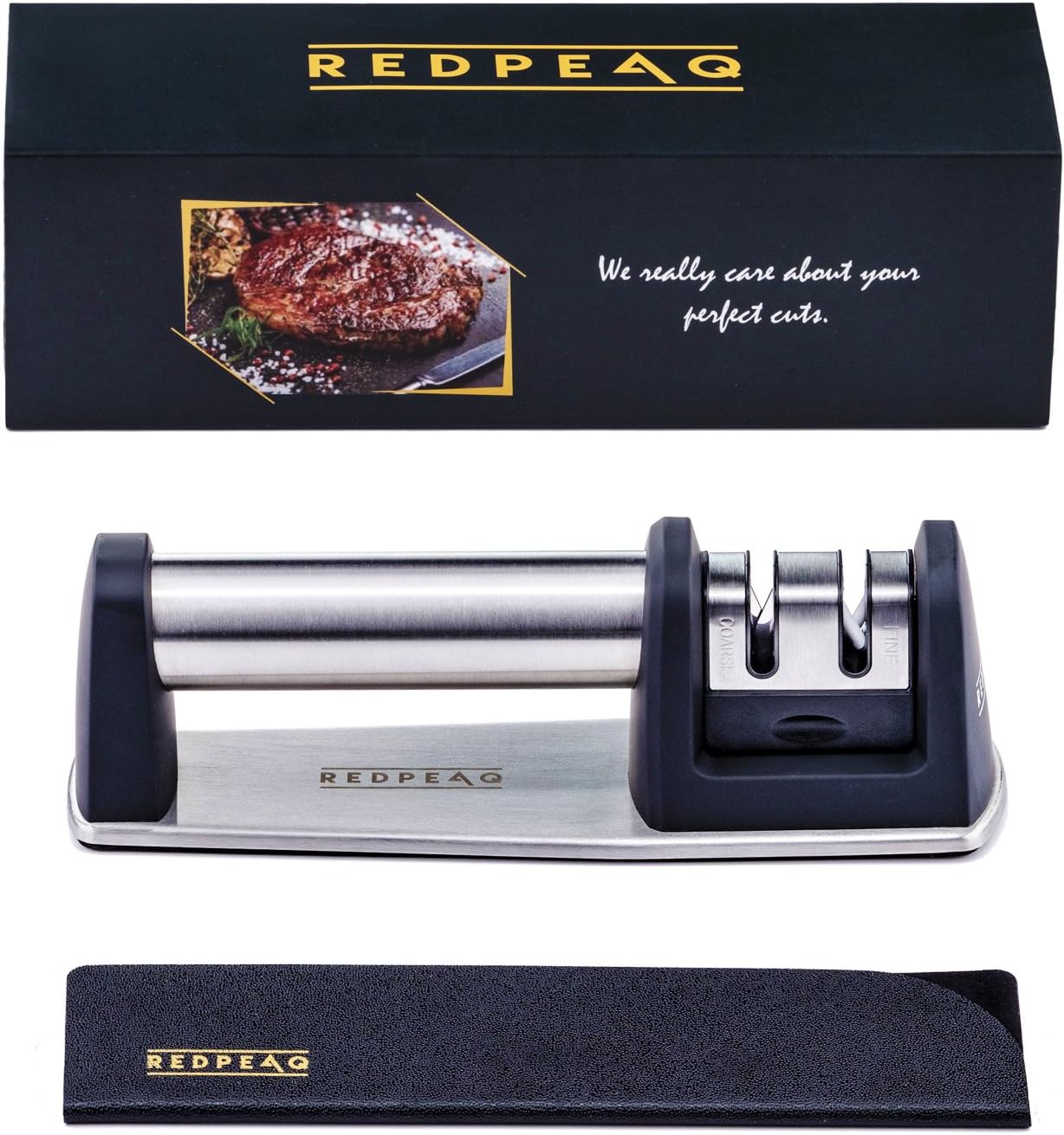 Knife Sharpener + Sheath for Perfect Sharp Knives | Chef Kitchen Knife Sharpener + Knife Edge-Guard Set | 2 Stage Knife Sharpening System Restores your Damaged Blades in Seconds by Redpeaq