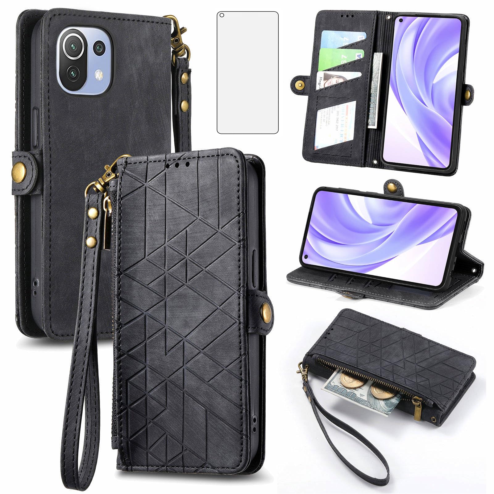Asuwish Phone Case for Xiaomi Mi 11 Lite 4G/5G Wallet Cover with Tempered Glass Screen Protector and Wrist Strap Flip Zipper Card Holder Stand Cell Accessories Mi11Lite Mi11 11Lite G5 Women Men Black