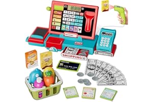 HYES Kids Cash Register Toy Playset with Real Calculator, Toddler Pretend Play Store incl Scanner/Credit Card/Play Money/Conveyor/Food Toys, Learning Toys Gifts for Boys Ages 4-8 8-12, Red