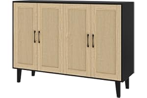 Panana Buffet Storage Cabinet with Rattan Decorating 4 Doors Living Room Kitchen Sideboard 48.43 x 34.65 x 15 inch (Black)