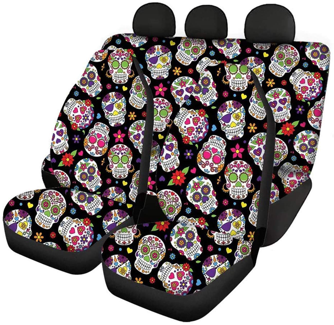 Showudesigns Skull Gifts for Women Car Accessories Interior Seat Covers Full Set with Front Drive Seat Cover and Rear Split Bench Cover Sugar Skull Punk Auto Interior Protective for All Seasons