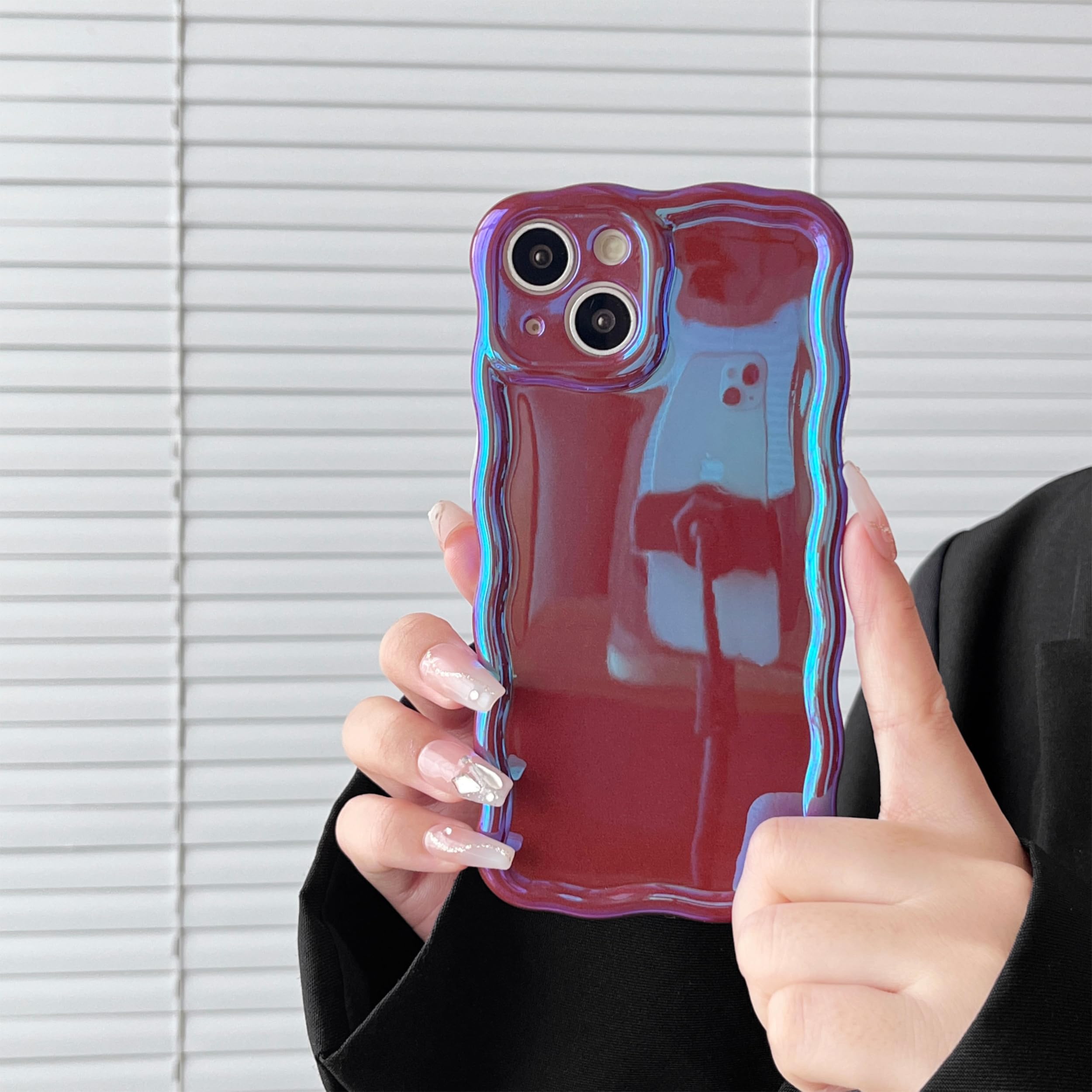 FABSPARK for iPhone 14 Plus/15 Plus Phone Case,Cute Laser Colorful Retro Exquisite Curly Wave Wavy Edge Case,Aesthetic Soft TPU Protective for iPhone 14 Plus for iPhone 15 Plus 6.7 Inch,Wine Red