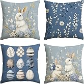 AVOIN colorlife Easter Bunny Easter Eggs Hydrangea Blue Throw Pillow Covers, 18 x 18 Inch Eucalyptus Leaves Cotton Cushion Case Decoration for Sofa Couch Set of 4