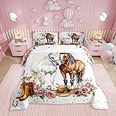 Erosebridal Western Horse Full Comforter Set,Cowgirl Boot Hat Bedding Sets for Girls Kids Teen,Wild West Horseshoe Quilt Bed Set,Rustic Country Floral Bedroom Decor,2 Pillowcases Lightweight