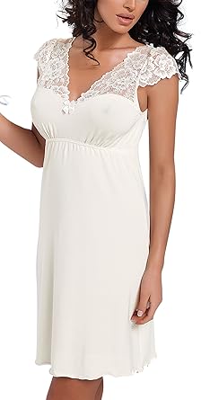 R-Dessous exklusives Nachtkleid Sleepshirt Damen Viskose Spitze Nachtwäsche Nachthemd mit Träger
