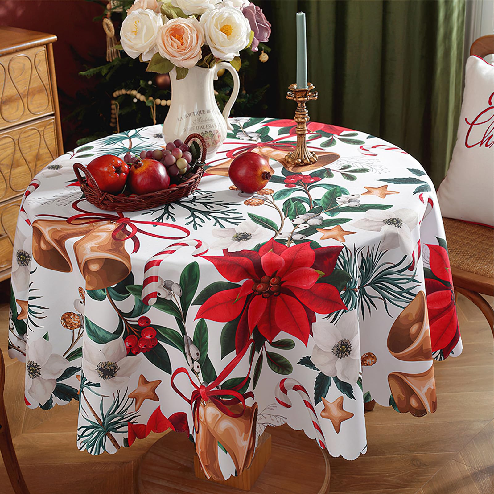 auons Christmas Tablecloth Round 60 Inch, Holly Branches Bells Washable Table Cloths Christmas Decorations, Waterproof Chrismtas Table Cover for Dinner Table Holiday Party Picnic