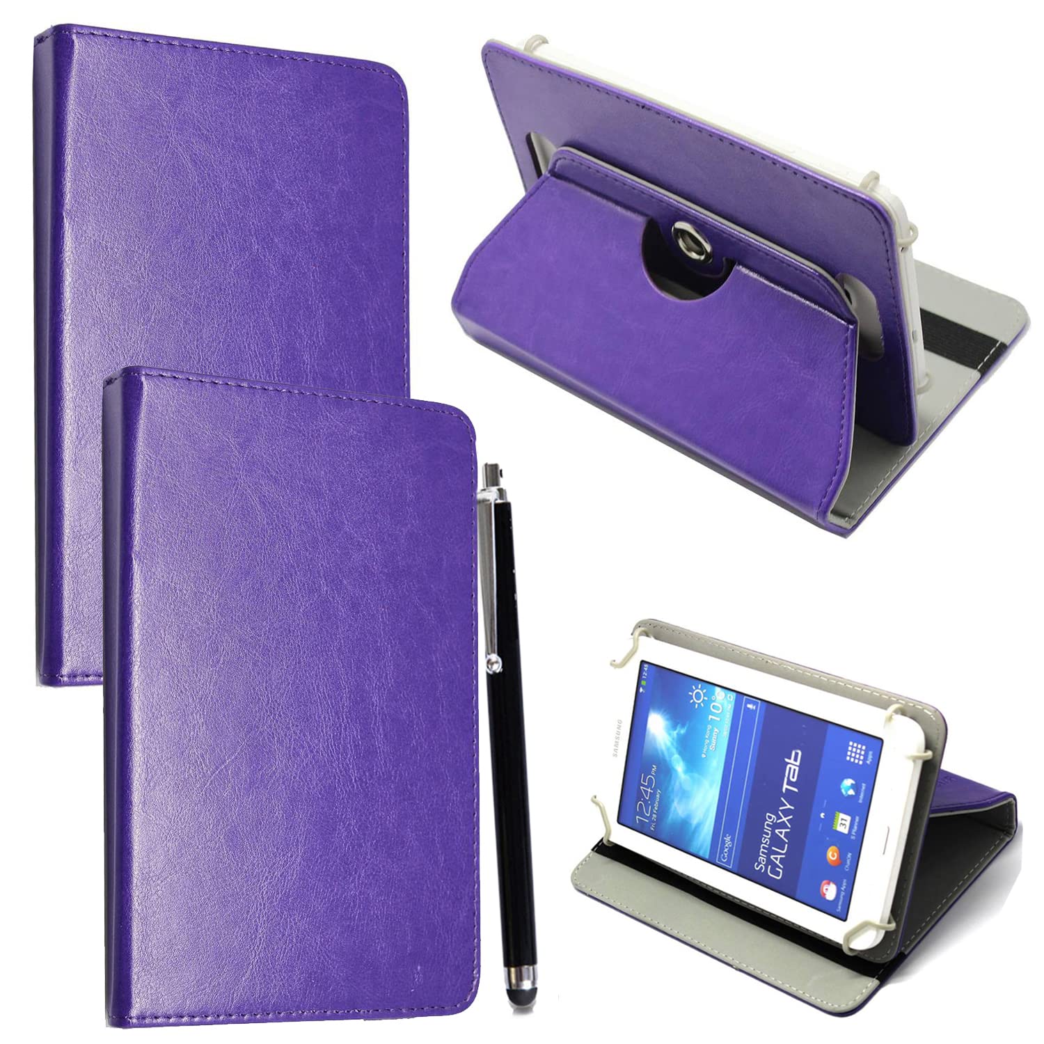 Colourful 10inch Tablet Case Cover - Universal Leather Stand Case Folio Cover Magic Leather 360° Rotating Case Fits for ALL 10" Inch & 10.1" Inch Android Tablets tab + Stylus Pen (PURPLE CASE COVER)
